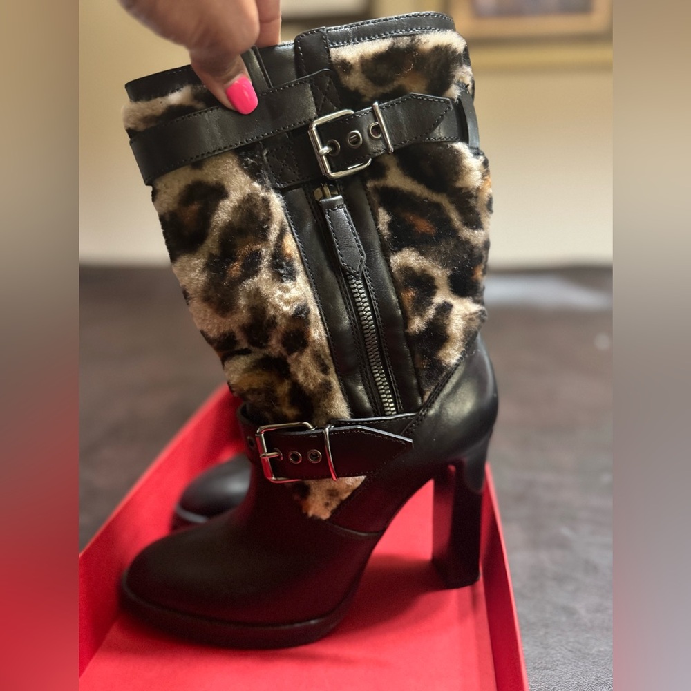 Authentic Leopard Print Black Women's Heeled Boots